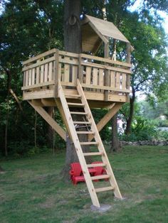 a wooden tree house with a ladder to the top and a red fire hydrant below