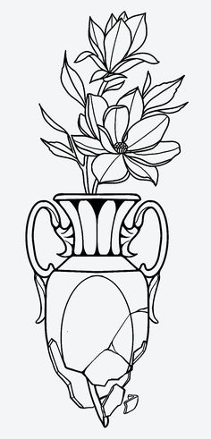 a black and white drawing of a vase with flowers in it's top half