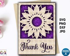 a thank card with the words thank you on it and a purple flower in the center