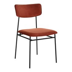 an orange chair with black legs and a brown seat pad on the back of it