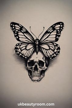 a skull with a butterfly on it's head is shown in black and white