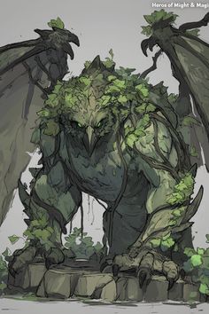 an image of a creature with green leaves on its head and arms, standing in front of