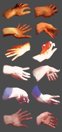 multiple images of hands with different gestures and colors on the palm, from top to bottom