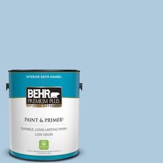 a blue paint can with the words behr premium plus ultra on it's side