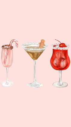 three different types of cocktails in glasses on a pink background with candy canes