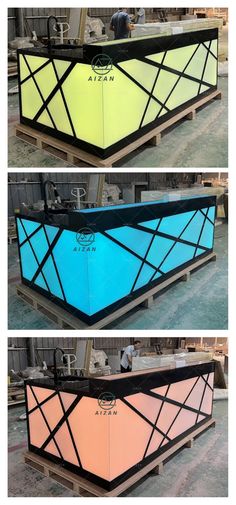 three different views of an outdoor bar with multiple colors and designs on the front, side, and back