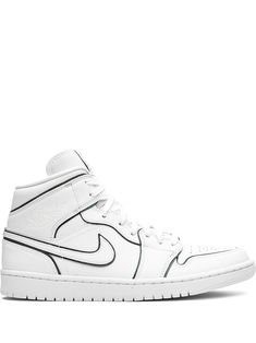 white leather/rubber round toe flat rubber sole front lace-up fastening signature Swoosh logo detail ankle-length These styles are supplied by a premium sneaker marketplace. Stocking only the most sought-after footwear, they source and curate some of the most hard to find sneakers from around the world. Jordan 1 Mid All White, Jordan 1 Mid Iridescent Reflective White, Air Jordan 1 White, High Top Jordans, Jordan Shoes Girls, White Jordans, Jordan Shoes Retro, Nike Shoes Jordans, Nike Air Shoes