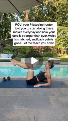 a woman is doing yoga in front of a pool