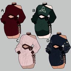 four different colored sweaters with lace on the sides and one has an eye patch