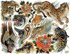 an image of many different animals and flowers