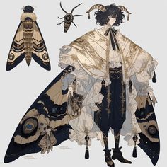 an artistic drawing of a woman with moths on her shoulders