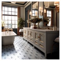 a bathroom with a tub, sink and large mirror in it's center area