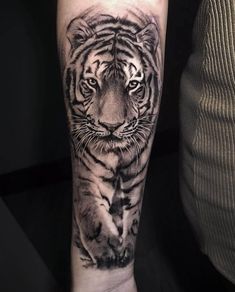 a black and white tiger tattoo on the arm