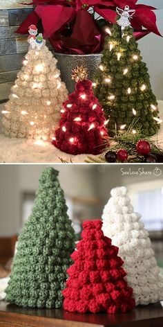 crocheted christmas trees with lights and poinsettis on them in different colors