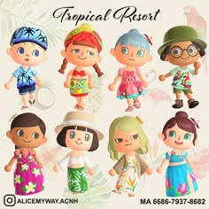 a group of cartoon children in different outfits and hats, with tropical resort on them