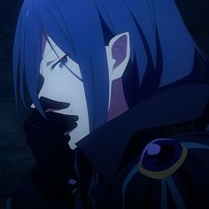 an anime character with blue hair talking on the phone