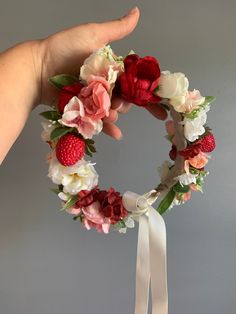 Red Flower Crown, Baby Flower Crown, Valentine Photo Shoot, Floral Headdress, Newborn Flower, Diy Ribbon Flowers, Crown Baby, Birthday Tiara, Strawberry Flower