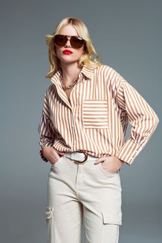 Q2 Striped Relaxed shirt With Contrasting Pocket in beige Chic Long Sleeve Shirt With Relaxed Fit, Chic Everyday Shirt With Shirttail Hem, Chic Long Sleeve Relaxed Shirt, Chic Long Sleeve Relaxed Fit Shirt, Chic Everyday Blouse With Shirttail Hem, Chic Shirttail Hem Shirt For Everyday, Chic Blouse With Shirttail Hem For Everyday, Chic Oversized Cotton Blouse, Chic Fall Cotton Shirt