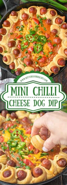 a close up of a pizza with hot dogs on it and the words mini chilli cheese dog dip