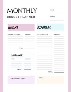 the printable budget planner is shown in pink, blue and white with black lettering