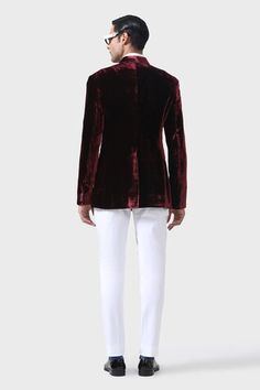 Maroon handmade bandhgala jacket, crafted in velvet base with carved contrasting buttons. - Aza Fashions Wedding Velvet Long Sleeve Bandhgala, Luxury Velvet Elegant Bandhgala, Formal Long Sleeve Velvet Sherwani, Festive Velvet Bandhgala With Long Sleeves, Luxury Velvet Bandhgala For Men, Festive Long Sleeve Velvet Bandhgala, Luxury Velvet Long Sleeve Bandhgala, Elegant Long Sleeve Velvet Bandhgala, Red Long-sleeve Transitional Bandhgala