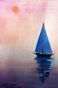 a watercolor painting of a sailboat in the ocean at sunset, with pink and blue hues