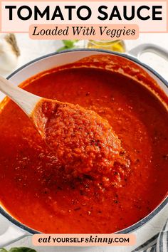 a spoon full of tomato sauce in a pot with the title above it that reads, how to make tomato sauce loaded with veggies