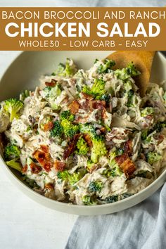 bacon broccoli and ranch chicken salad in a bowl