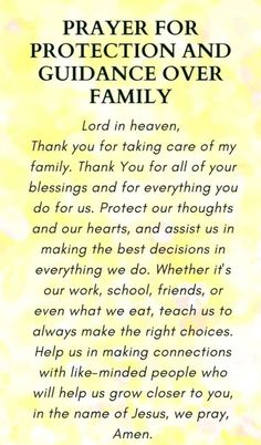 the prayer for protection and guidance over family, written in white on a yellow background