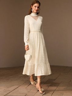 HIGH NECK SWISS DOT MESH YOKE RUFFLE HEM MIDI DRESS WITHOUT BELT, WOMEN OUTFIT Apricot Elegant  Long Sleeve Knitted Fabric Plain A Line Slight Stretch  Women Clothing, size features are:Bust: ,Length: ,Sleeve Length: Belt Women Outfit, Belt Women, Lantern Sleeve Dress, Lingerie Costume, Look Older, Ruffle Hem Dress, Luxury Silk, Women Outfit, Swiss Dot