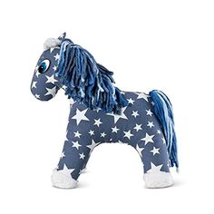 a toy horse with blue manes and white stars on it's body, standing in front of a white background