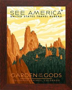 an image of the garden of the gods poster in wood frame with mountains and trees