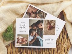 a family christmas card with photos and greenery on the top, sitting on a woven basket