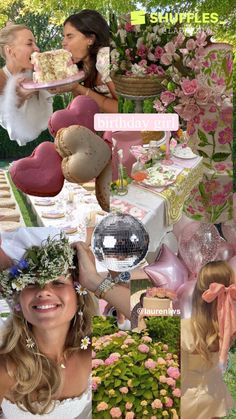 a collage of photos with flowers, cake and other things in the background that are pink