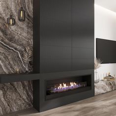 a modern fireplace in a living room with marble walls and flooring on the side