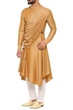 Shop for Amaare Yellow Draped Asymmetric Hem Kurta With Pants for Men Online at Aza Fashions Yellow Drapes, Best Indian Wedding Dresses, Sherwani For Men Wedding, Georgette Kurta, Bird Fashion, Wedding Kurta For Men, Boys Kurta Design, Kurta Pajama Men, Indian Groom Wear