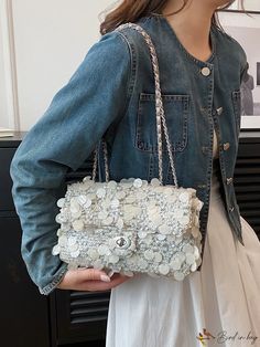 Bird in Bag - Flip-Over Single Shoulder Bag with Adjustable Chain White Spring Bags With Chain Strap, Chic Silver Bag For Spring, Chic Silver Bags For Spring, Elegant Spring Bags With Chain Detail, Chain Pattern, White Details, Bird In Bag, Bag Bag, Square Bag