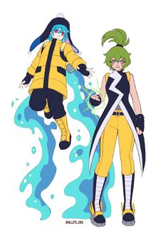 two anime characters in yellow and black outfits, one is holding an object while the other has