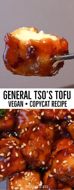 a spoon full of food with the words general tso's tofu vegan - copycat recipe