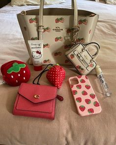 Croquet Aesthetic, Strawberry Products, Strawberry Aesthetic, Inside My Bag, Purse Essentials, Handbag Essentials, Girly Bags, What In My Bag, Pink Girly Things