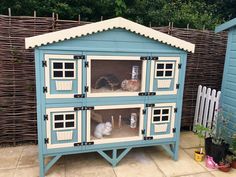 a blue and white house with two cats in it's cages on the outside