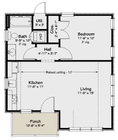 the floor plan for a two bedroom house with an attached kitchen and living room area