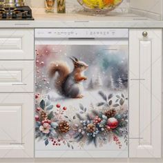 a painting of a squirrel in the snow with pine cones and berries on it's side