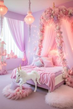 a bedroom decorated in pink and white with a unicorn bed