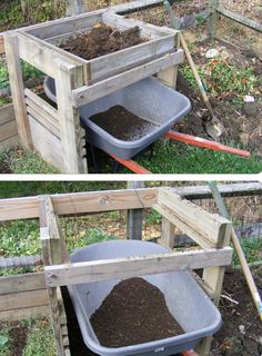 there are two pictures of a garden with dirt in the bins and one is filled with soil