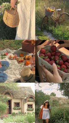 the collage shows several different pictures with strawberries in baskets and people walking around