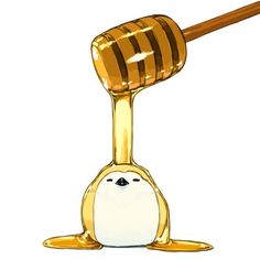 a honey dripping from a wooden spoon into a penguin