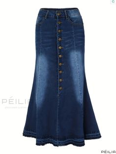 Peilia - Womens Dark Blue Mermaid Denim Midi Skirt with Single Breasted Button Closure, High-Stretch Washed Denim Design Midi Jean Skirt, Denim Button Skirt, Midi Jeans, Trumpet Skirt, Denim Clothing, Blue Mermaid, Denim Midi Skirt, Denim Design, Washed Denim