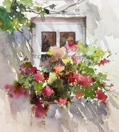 watercolor painting of flowers in front of an open window