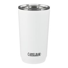 the camelbak tumbler is white and has a metal lid with black lettering on it